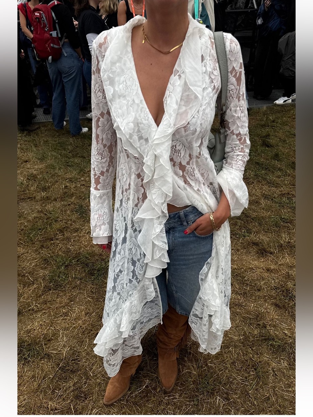 Free People Heirloom Maxi Top in Ivory Lace Ruffle Sheer Boho Romantic
